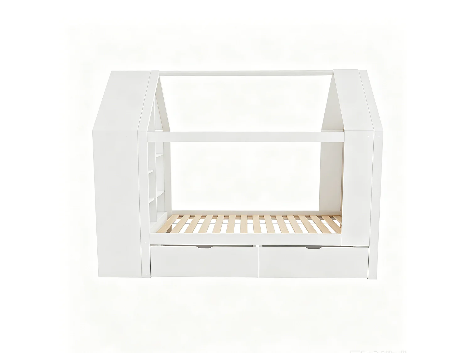 Lit cabane 90x200 cm avec 2 tiroirs, LED et rangements, en bois, blanc, sans matelas