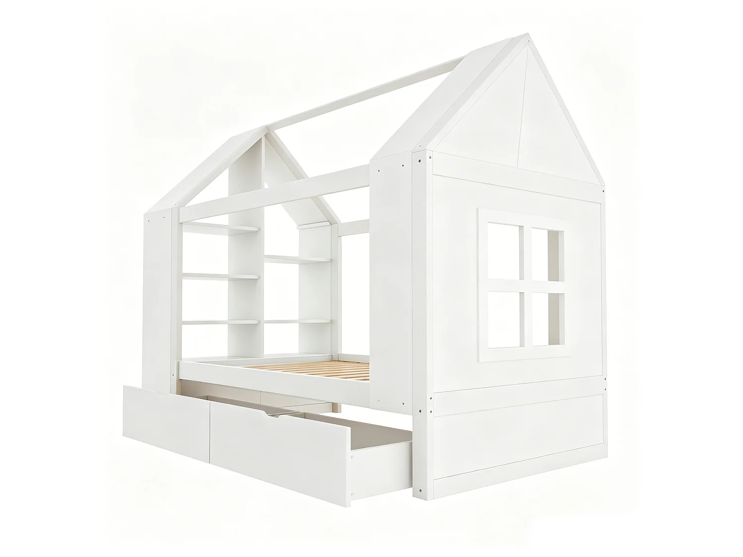 Lit cabane 90x200 cm avec 2 tiroirs, LED et rangements, en bois, blanc, sans matelas