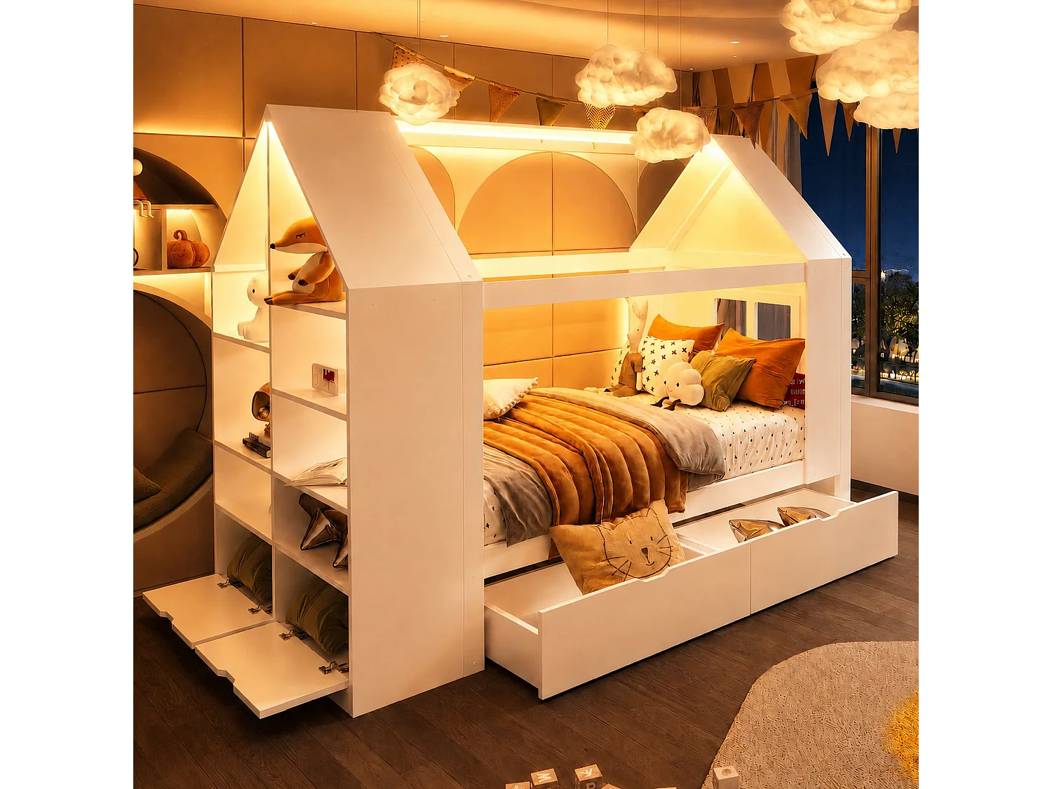 Lit cabane 90x200 cm avec 2 tiroirs, LED et rangements, en bois, blanc, sans matelas