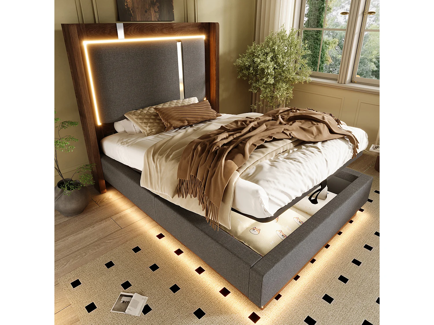 Lit coffre 90x200 cm avec LED et rangement, tête de lit, en lin, gris et noyer, sans matelas