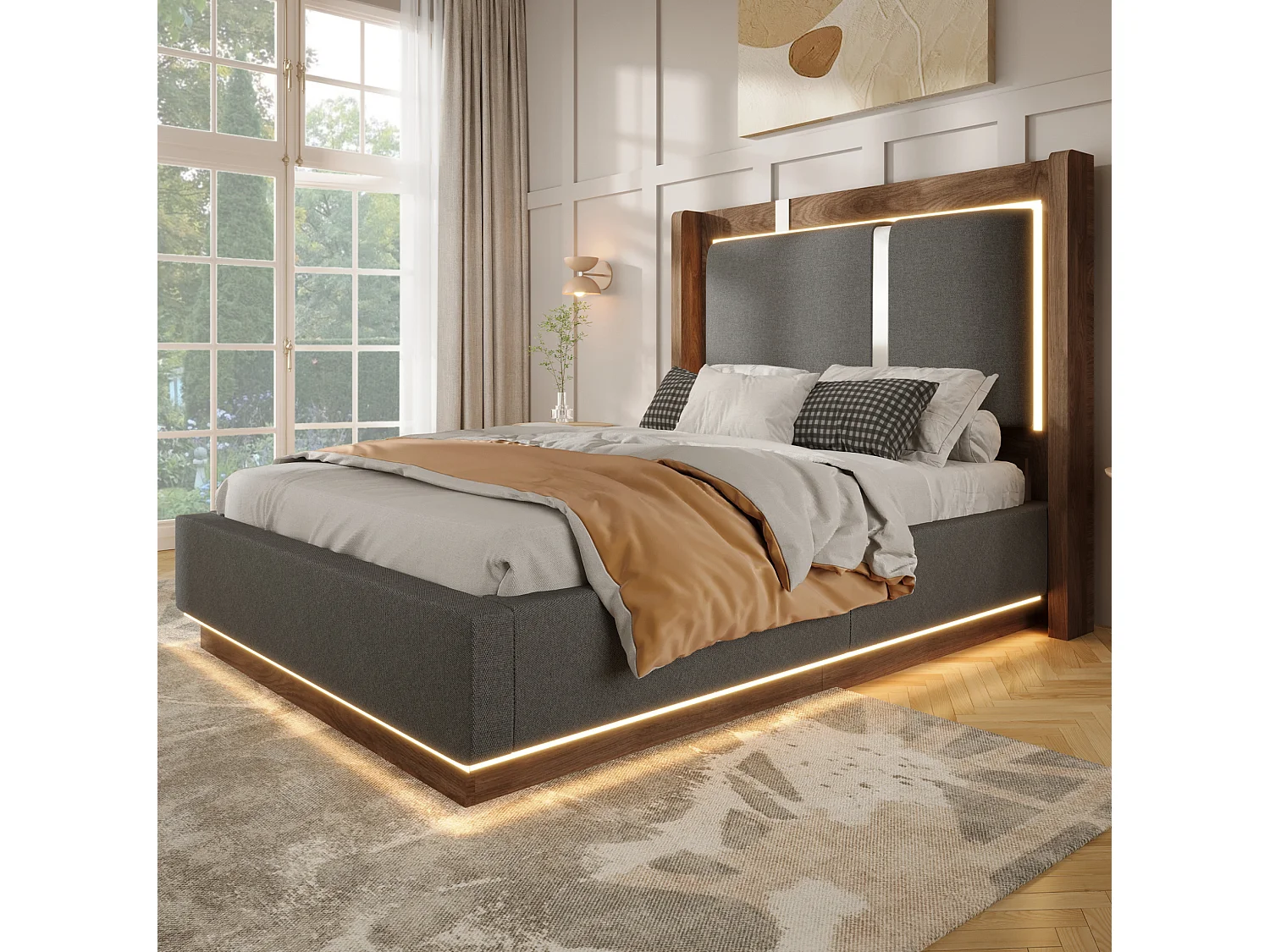 Lit coffre 90x200 cm avec LED et rangement, tête de lit, en lin, gris et noyer, sans matelas