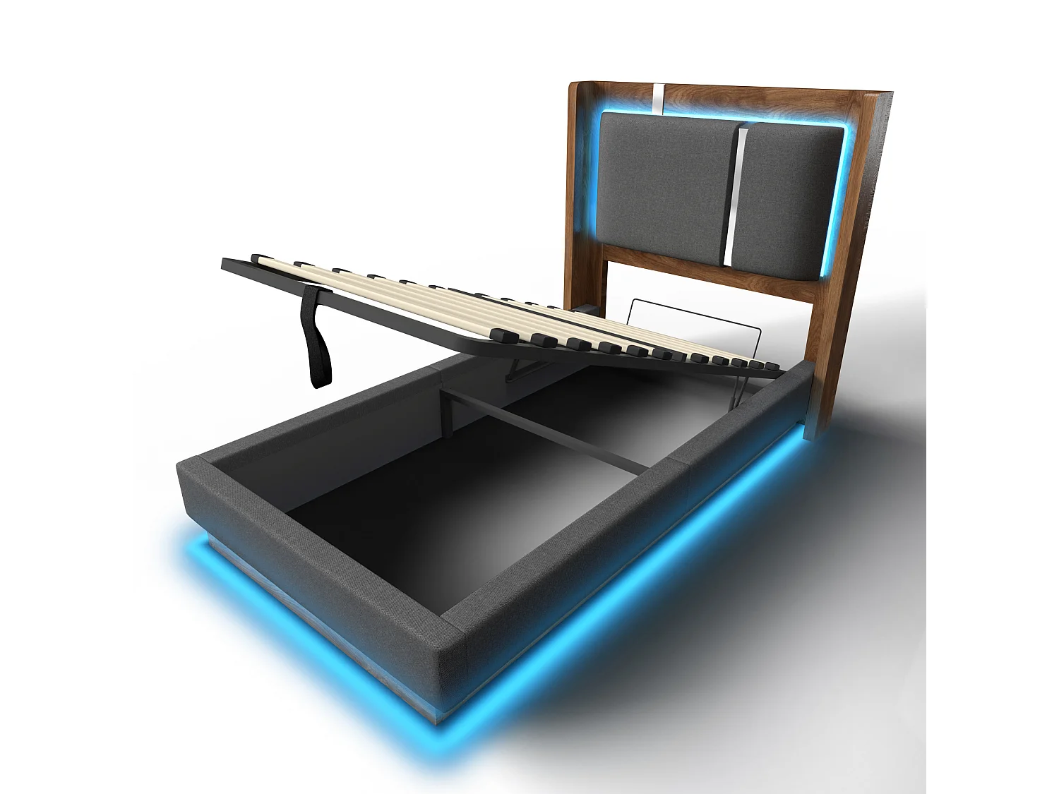 Lit coffre 90x200 cm avec LED et rangement, tête de lit, en lin, gris et noyer, sans matelas