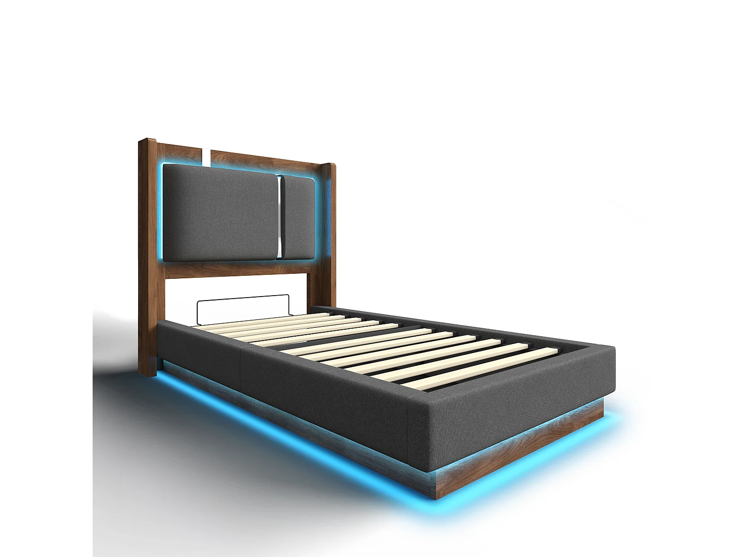 Lit coffre 90x200 cm avec LED et rangement, tête de lit, en lin, gris et noyer, sans matelas