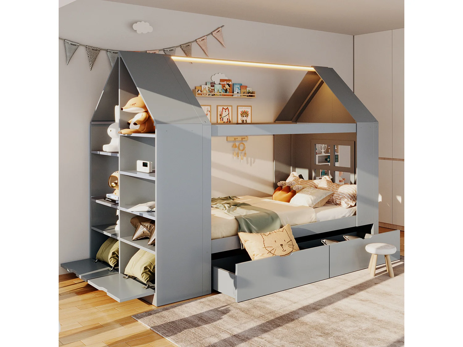 Lit cabane 90x200 cm avec 2 tiroirs, LED et rangements, en bois, gris, sans matelas