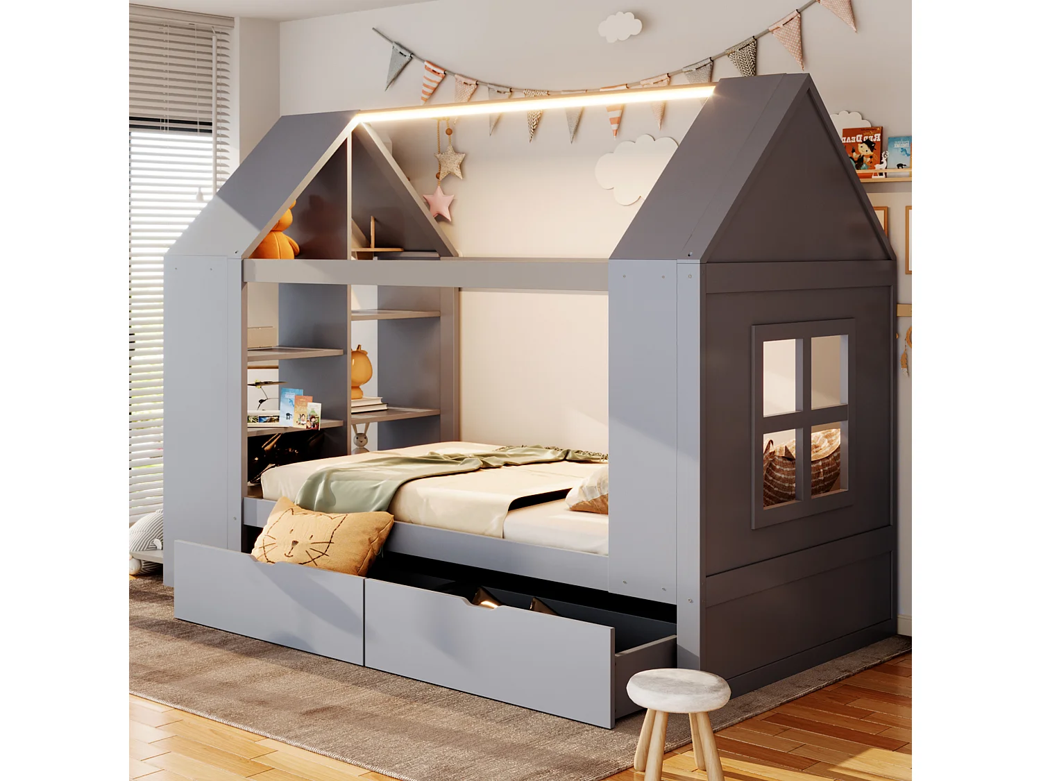 Lit cabane 90x200 cm avec 2 tiroirs, LED et rangements, en bois, gris, sans matelas