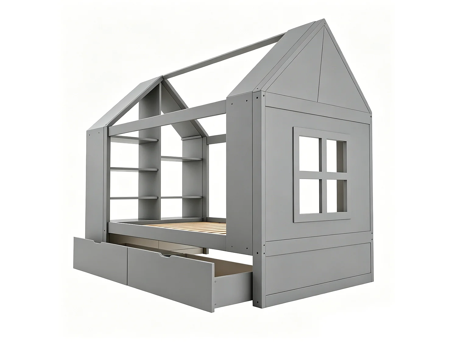 Lit cabane 90x200 cm avec 2 tiroirs, LED et rangements, en bois, gris, sans matelas