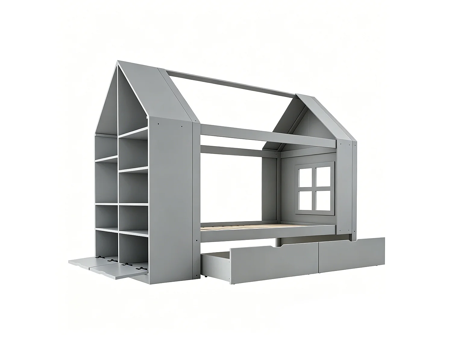 Lit cabane 90x200 cm avec 2 tiroirs, LED et rangements, en bois, gris, sans matelas