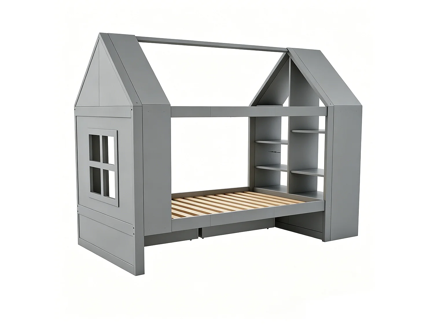 Lit cabane 90x200 cm avec 2 tiroirs, LED et rangements, en bois, gris, sans matelas