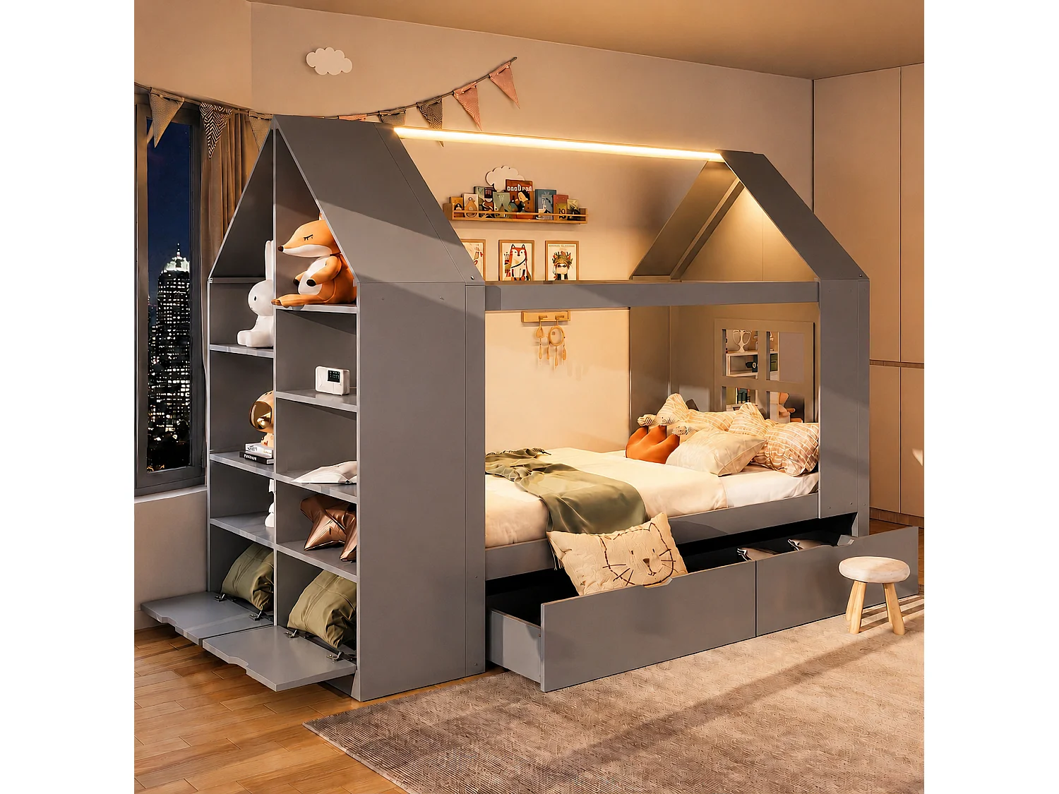 Lit cabane 90x200 cm avec 2 tiroirs, LED et rangements, en bois, gris, sans matelas