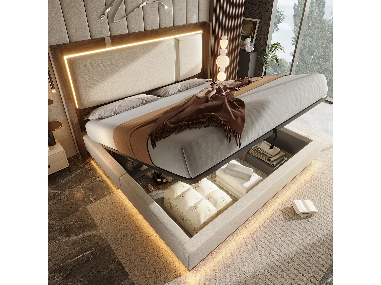 Lit coffre 140x200 cm avec LED et rangement, tête de lit capitonnée, en lin, beige et noyer, sans matelas