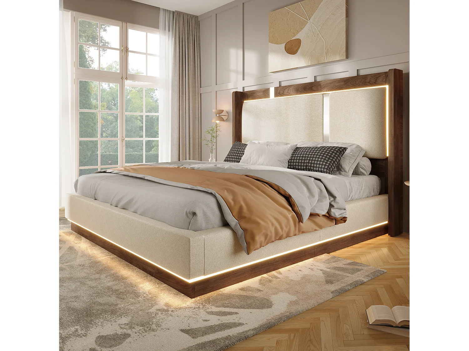Lit coffre 140x200 cm avec LED et rangement, tête de lit capitonnée, en lin, beige et noyer, sans matelas