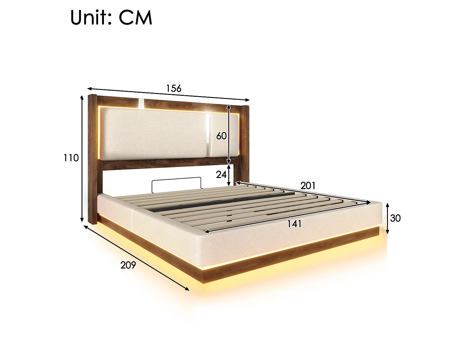 Lit coffre 140x200 cm avec LED et rangement, tête de lit capitonnée, en lin, beige et noyer, sans matelas