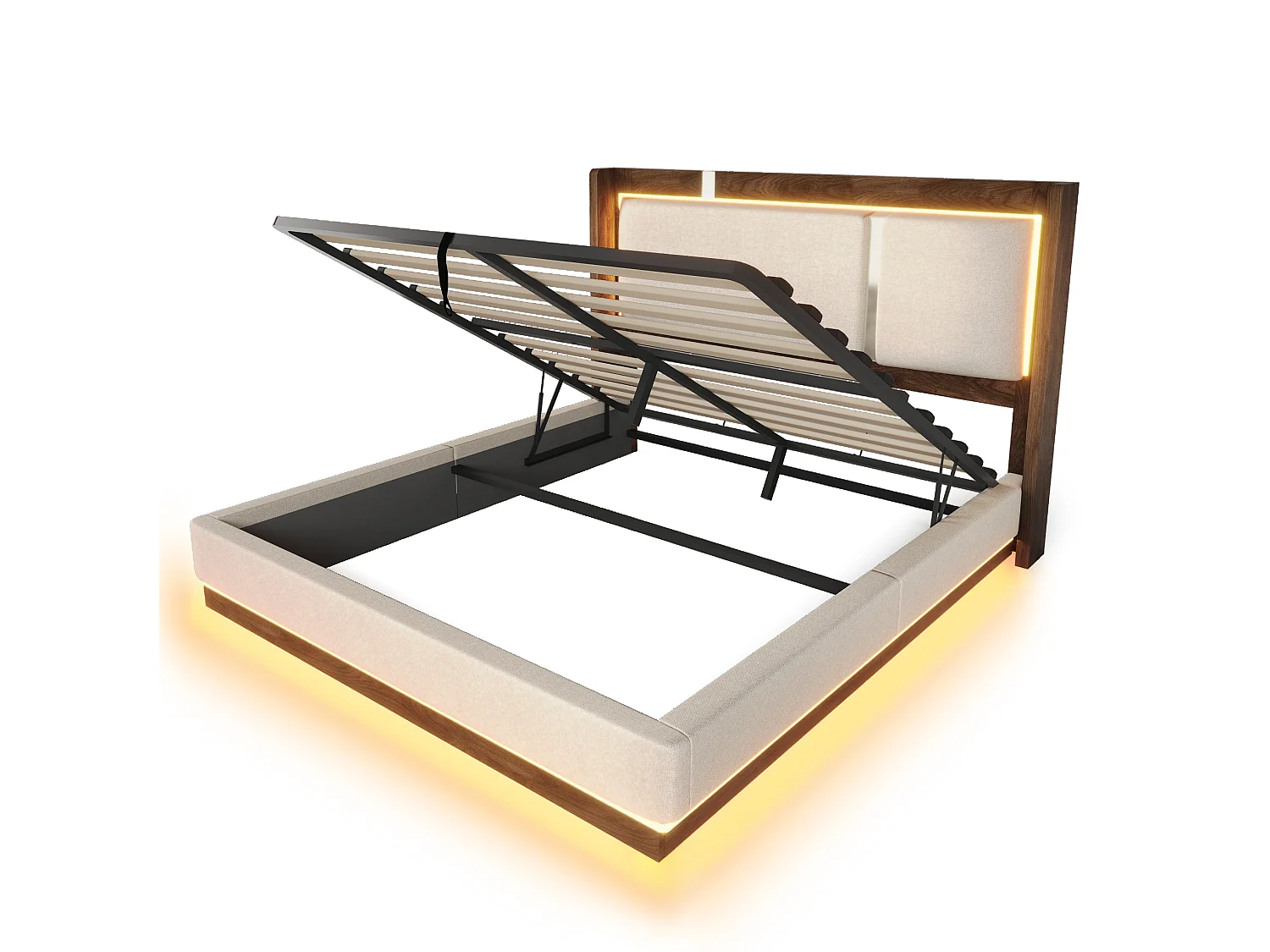 Lit coffre 140x200 cm avec LED et rangement, tête de lit capitonnée, en lin, beige et noyer, sans matelas