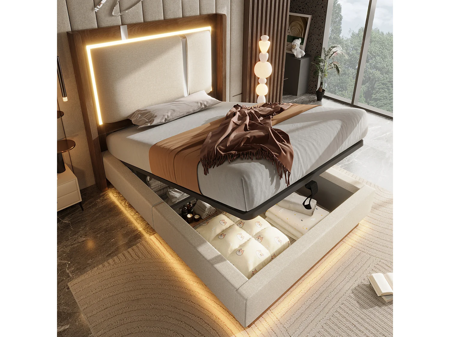 Lit coffre 90x200 cm avec LED et rangement, tête de lit, en lin, beige et noyer, sans matelas