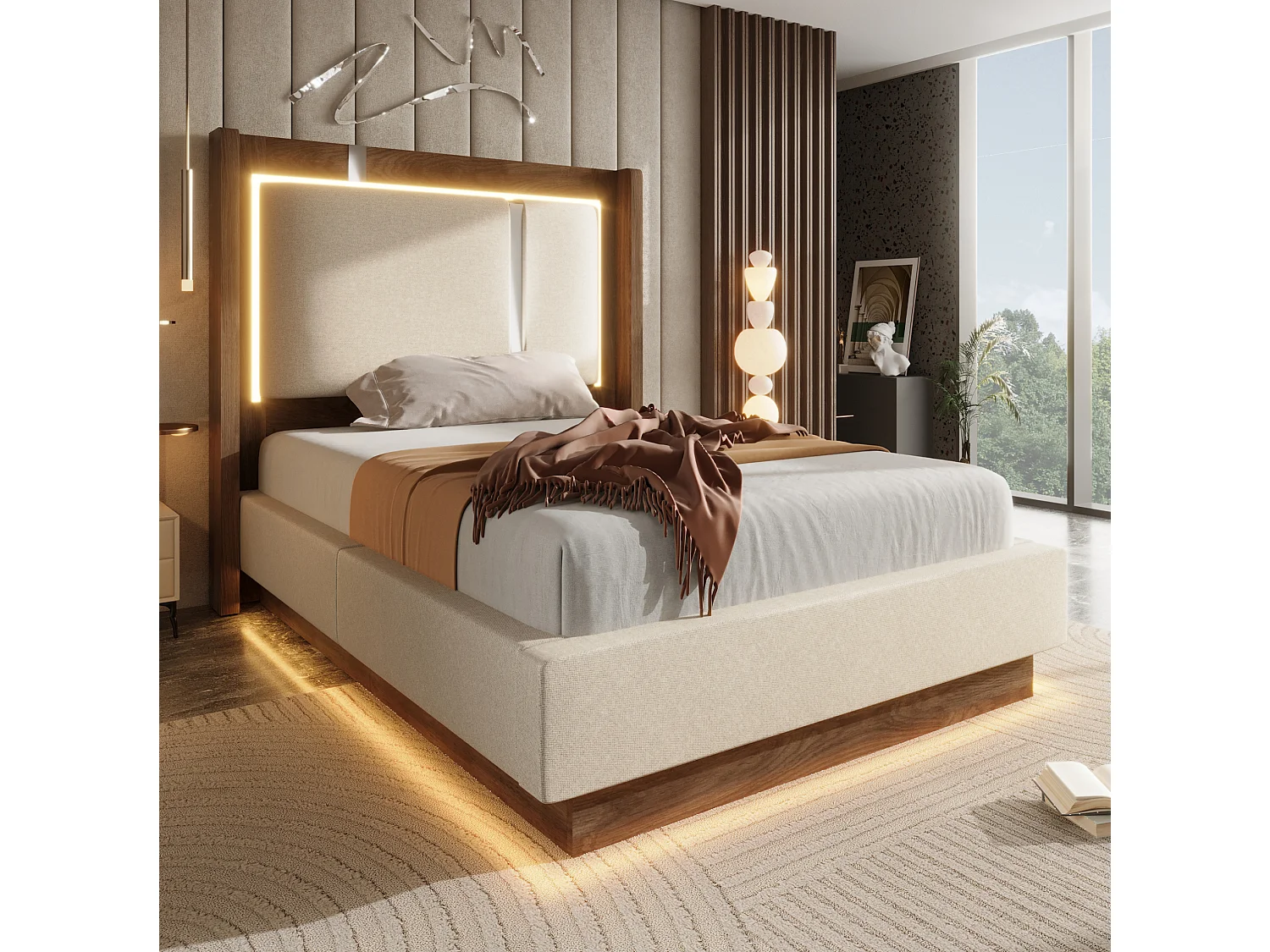 Lit coffre 90x200 cm avec LED et rangement, tête de lit, en lin, beige et noyer, sans matelas