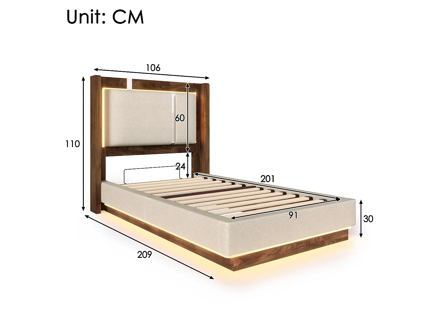 Lit coffre 90x200 cm avec LED et rangement, tête de lit, en lin, beige et noyer, sans matelas