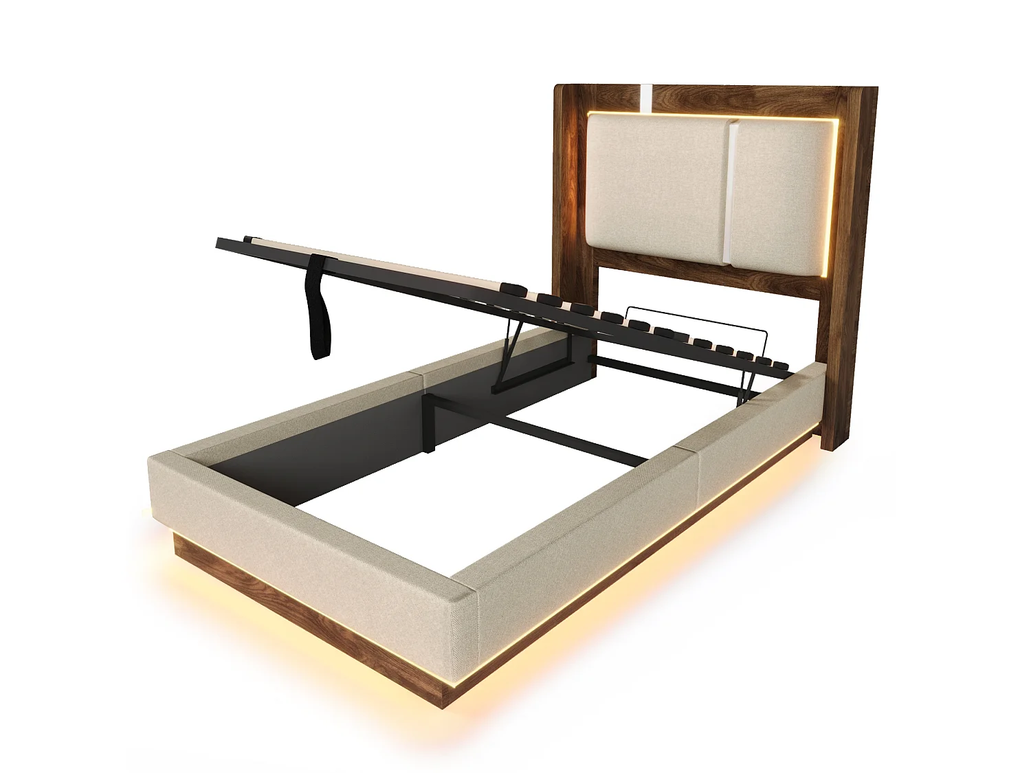 Lit coffre 90x200 cm avec LED et rangement, tête de lit, en lin, beige et noyer, sans matelas