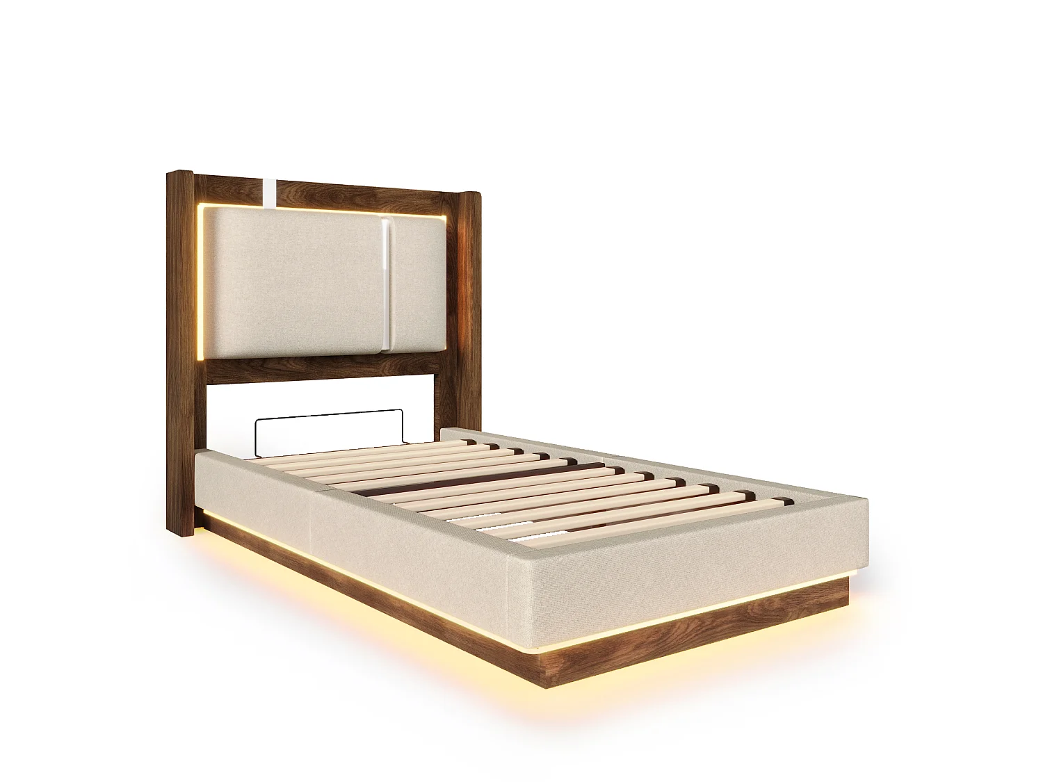 Lit coffre 90x200 cm avec LED et rangement, tête de lit, en lin, beige et noyer, sans matelas
