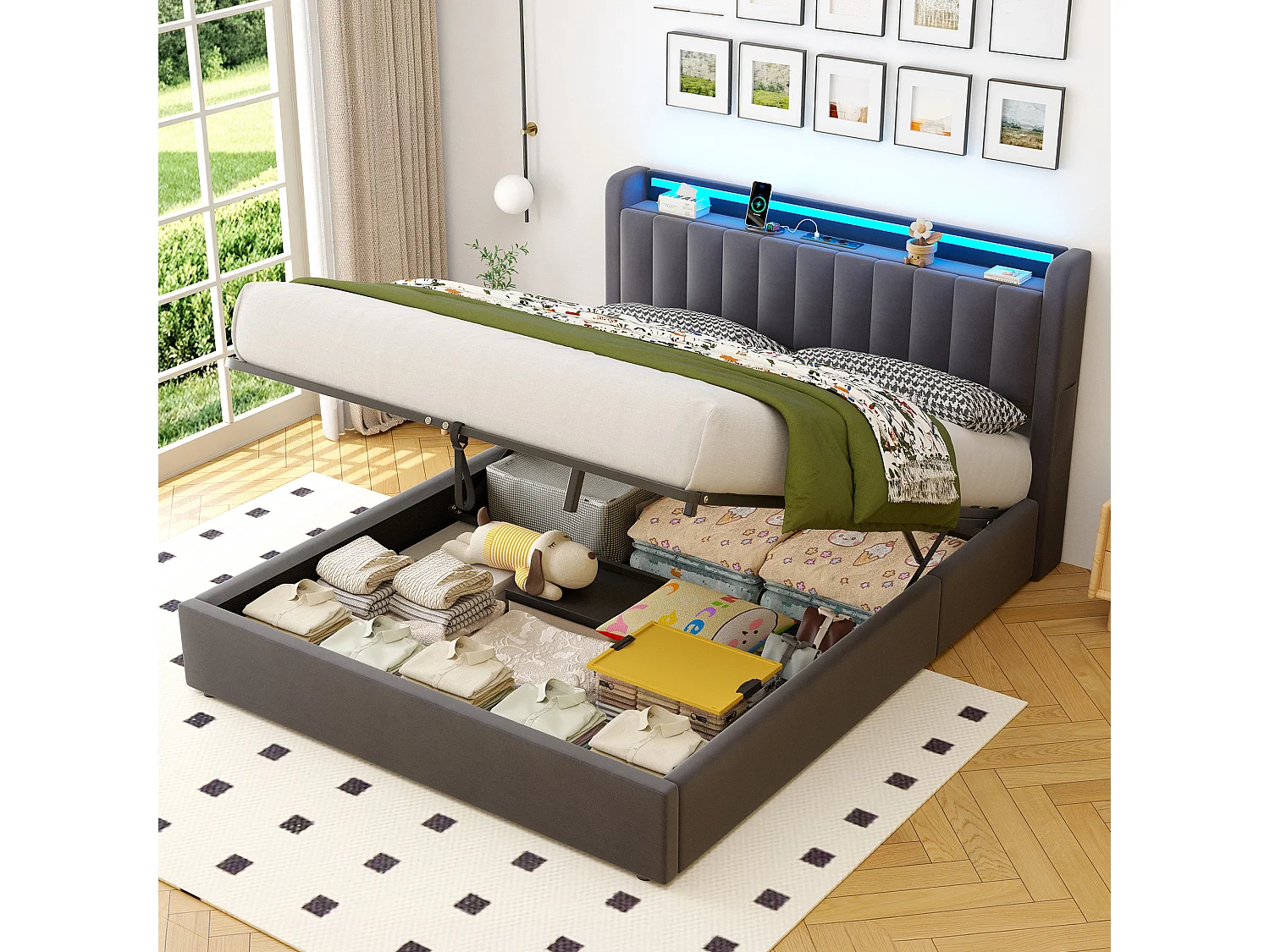 Lit coffre 160x200 cm avec LED, port USB, tête de lit avec rangement et sommier inclus, en velours, gris foncé, sans matelas