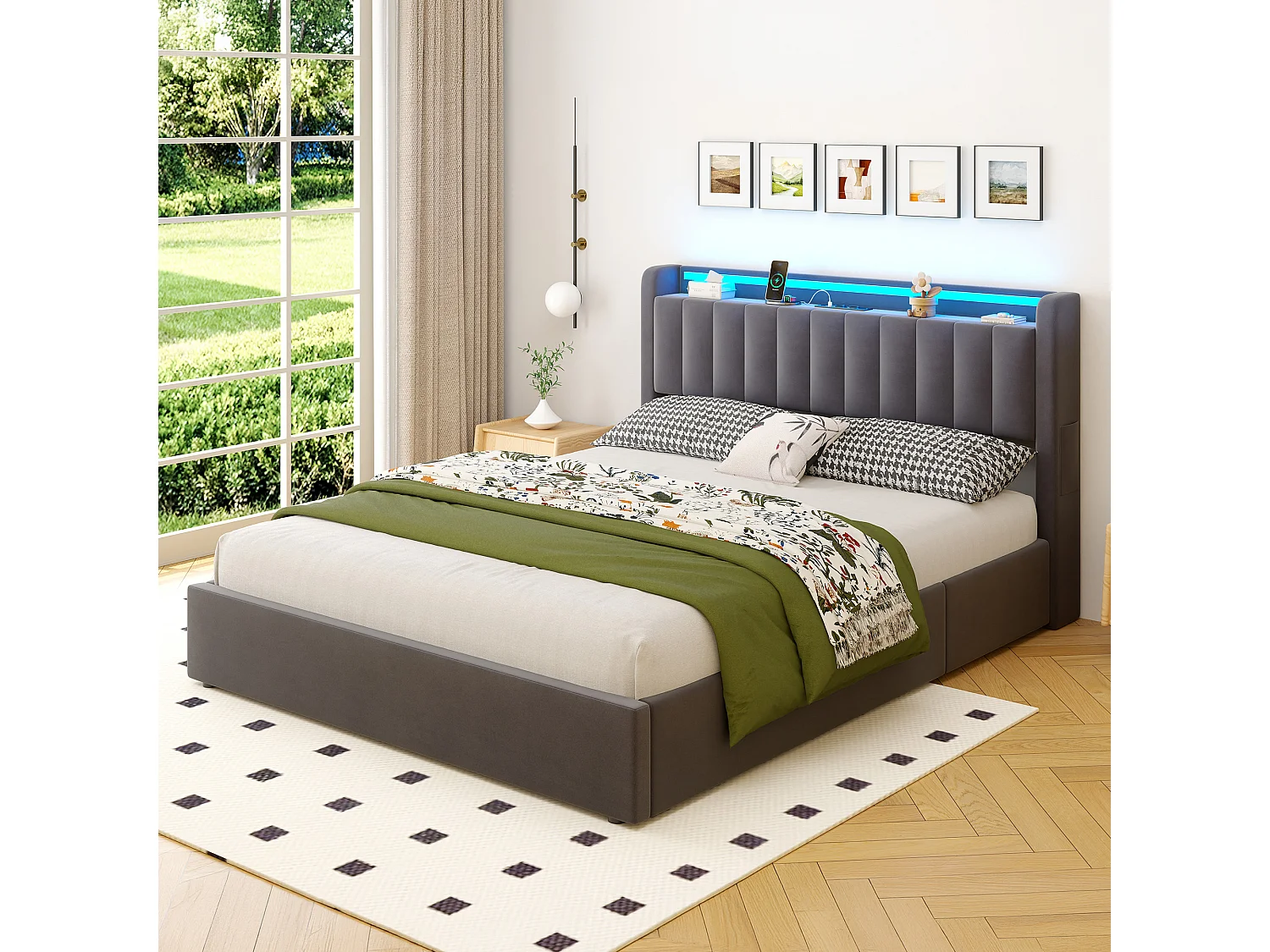 Lit coffre 160x200 cm avec LED, port USB, tête de lit avec rangement et sommier inclus, en velours, gris foncé, sans matelas