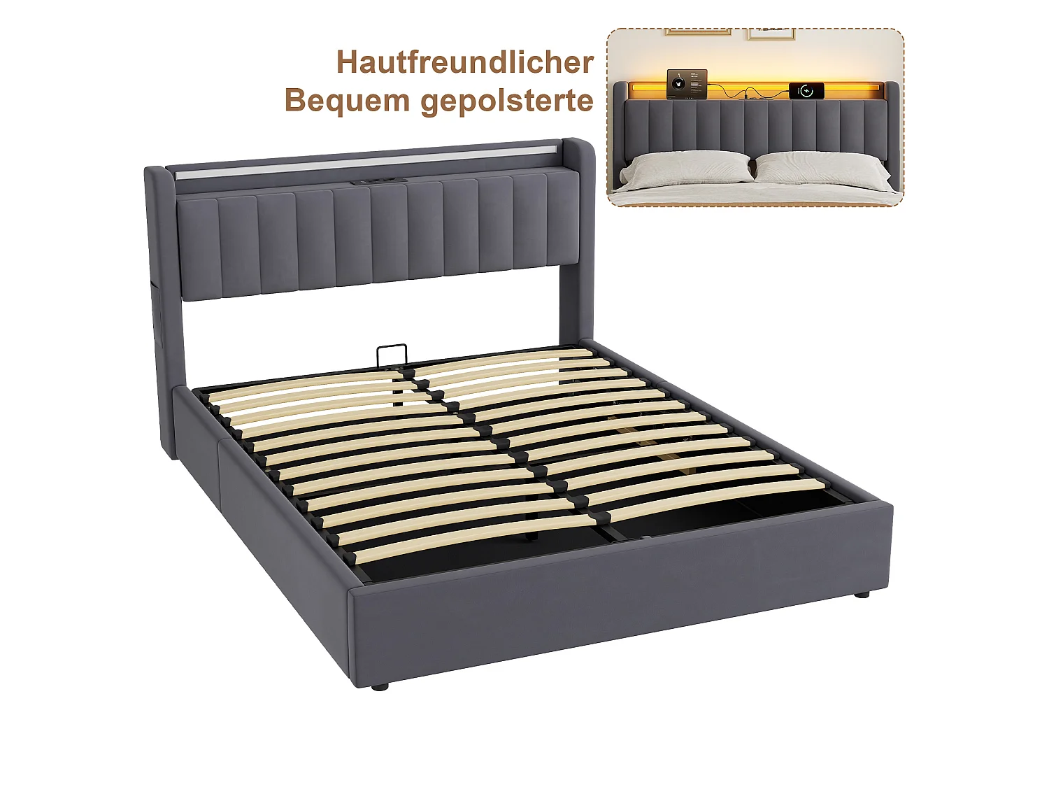 Lit coffre 160x200 cm avec LED, port USB, tête de lit avec rangement et sommier inclus, en velours, gris foncé, sans matelas