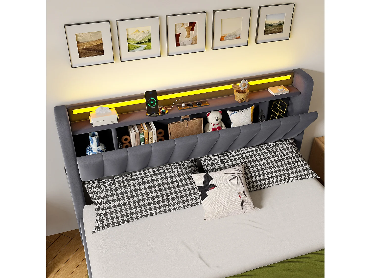 Lit coffre 160x200 cm avec LED, port USB, tête de lit avec rangement et sommier inclus, en velours, gris foncé, sans matelas