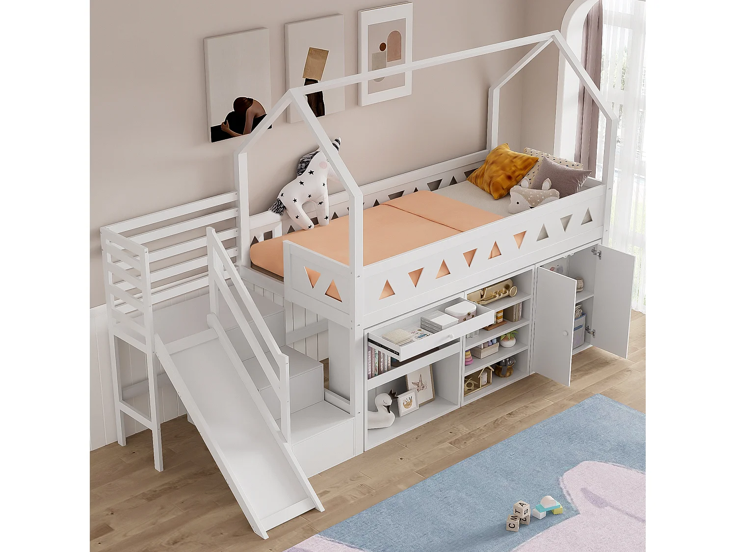 Lit cabane enfant 90x200 cm avec toboggan, escalier, tiroirs et rangement, en bois, blanc, sans matelas