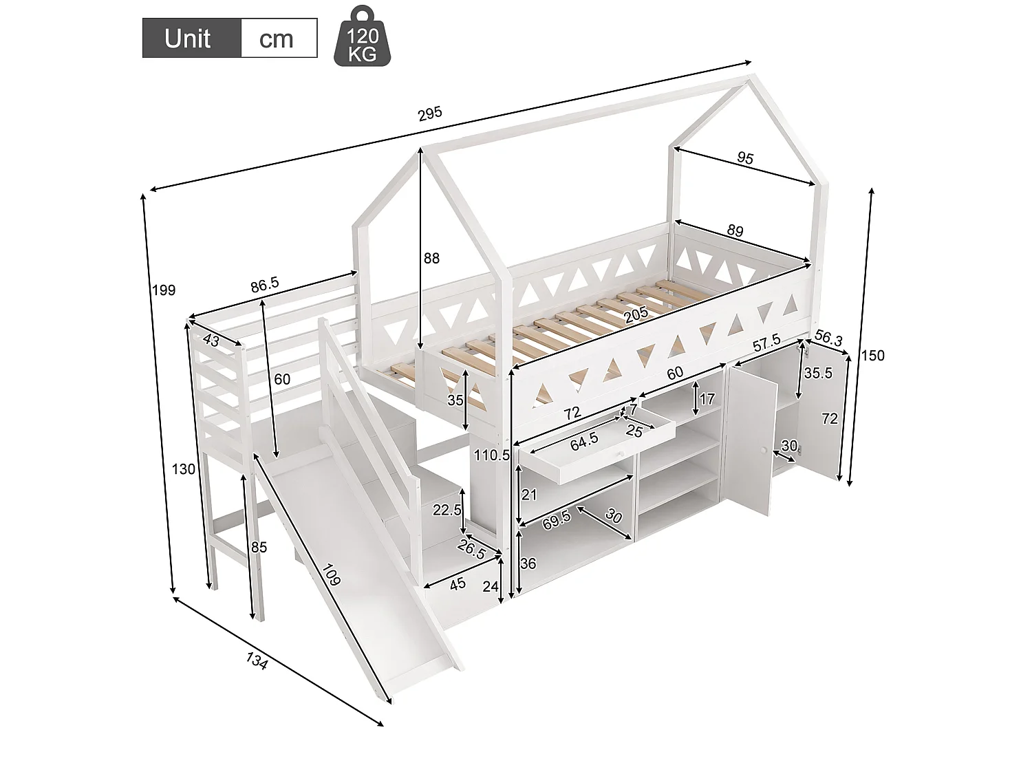 Lit cabane enfant 90x200 cm avec toboggan, escalier, tiroirs et rangement, en bois, blanc, sans matelas