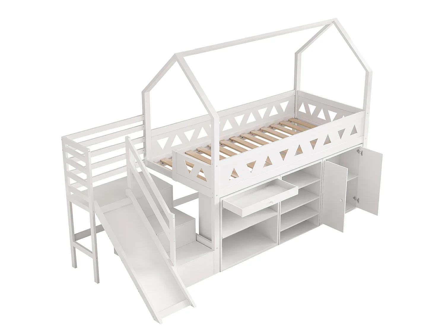 Lit cabane enfant 90x200 cm avec toboggan, escalier, tiroirs et rangement, en bois, blanc, sans matelas