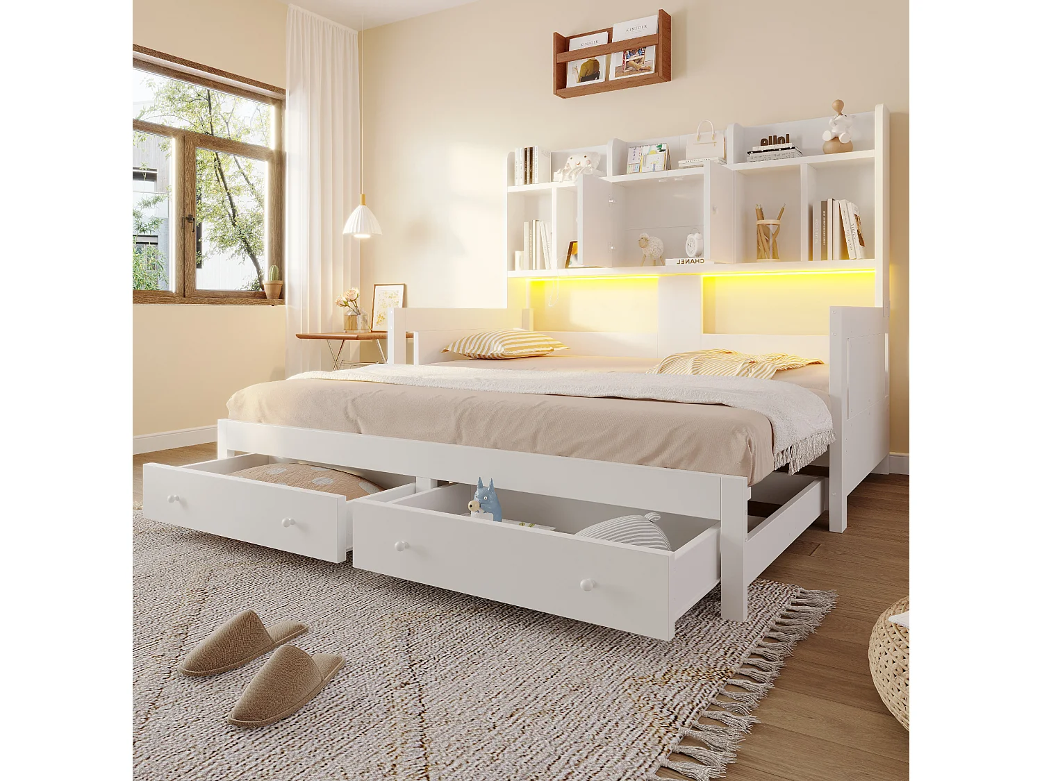 Letto estraibile 90x190 cm con cassetti, vani portaoggetti, LED e presa, in legno, bianco, senza materasso