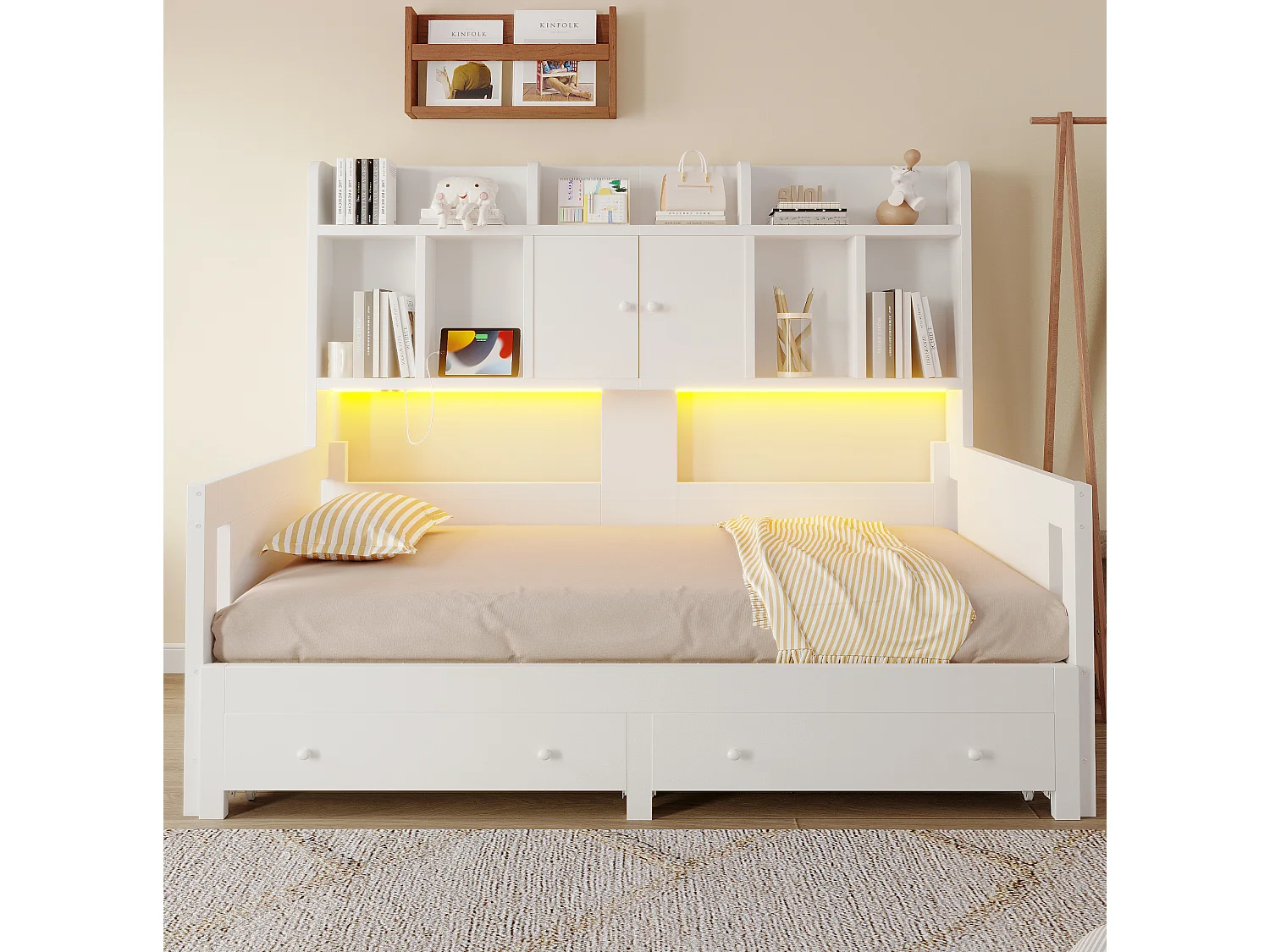 Letto estraibile 90x190 cm con cassetti, vani portaoggetti, LED e presa, in legno, bianco, senza materasso
