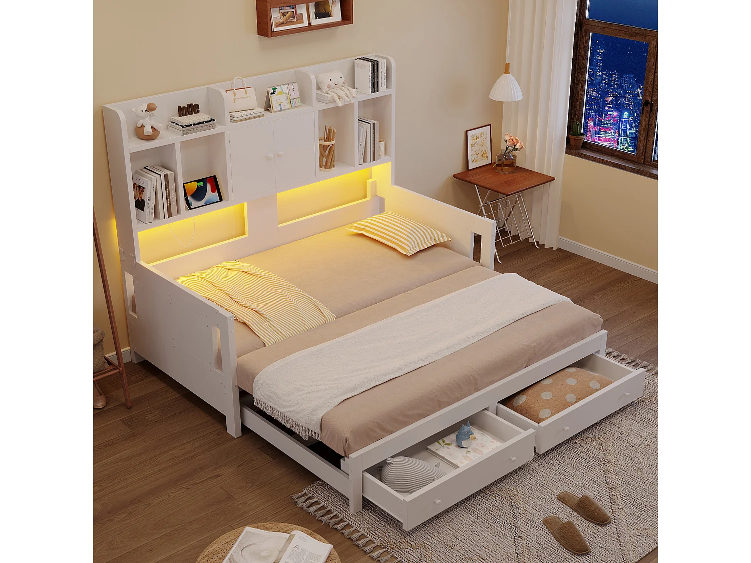 Letto estraibile 90x190 cm con cassetti, vani portaoggetti, LED e presa, in legno, bianco, senza materasso