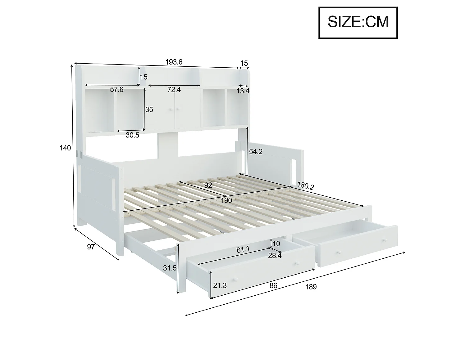 Letto estraibile 90x190 cm con cassetti, vani portaoggetti, LED e presa, in legno, bianco, senza materasso
