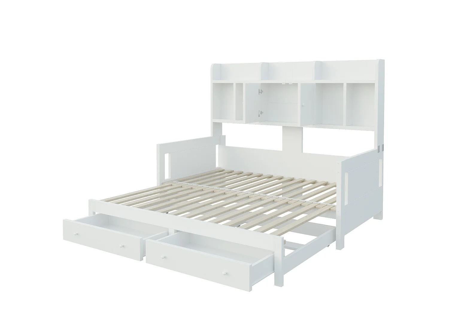 Letto estraibile 90x190 cm con cassetti, vani portaoggetti, LED e presa, in legno, bianco, senza materasso