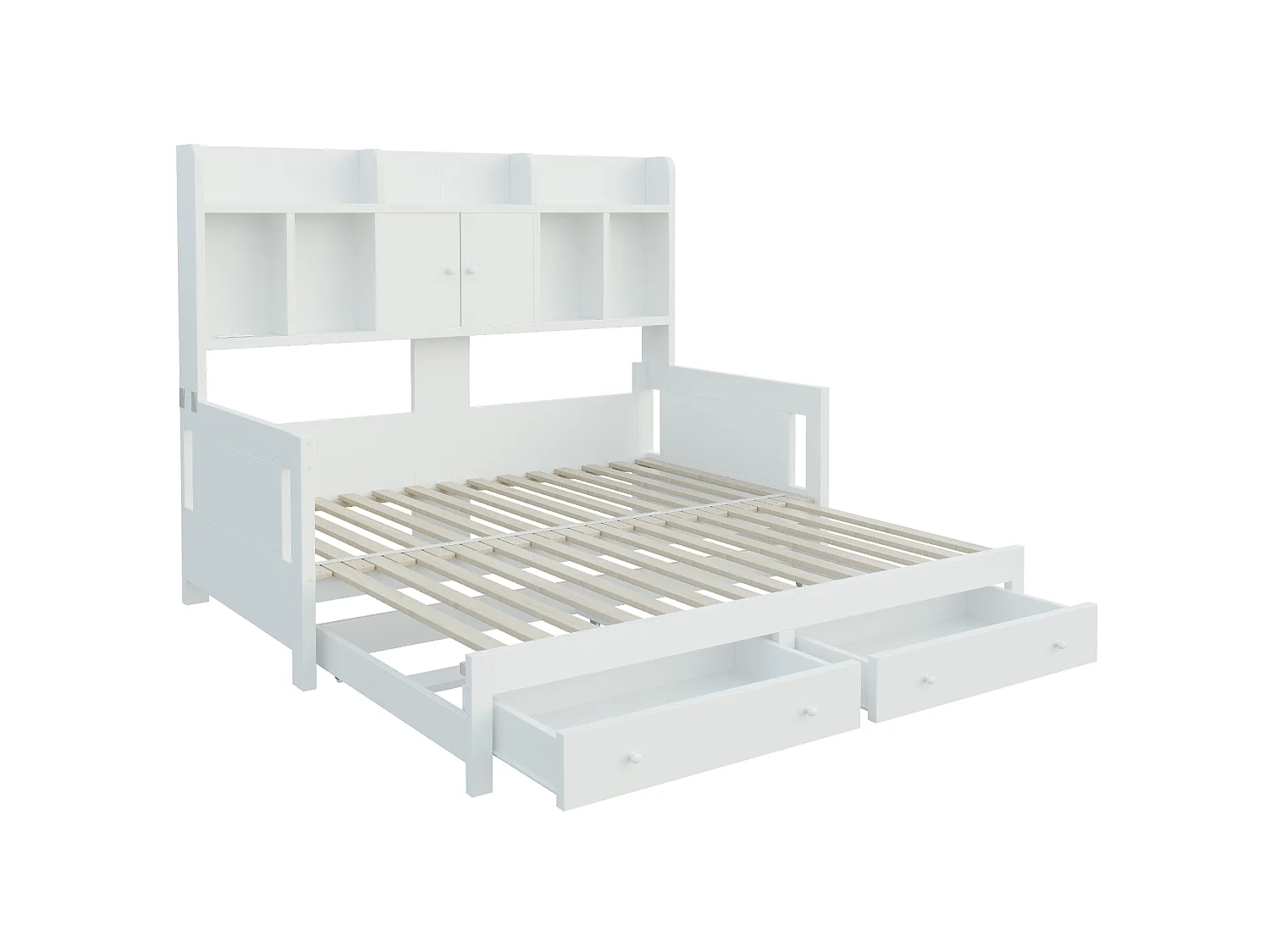 Letto estraibile 90x190 cm con cassetti, vani portaoggetti, LED e presa, in legno, bianco, senza materasso