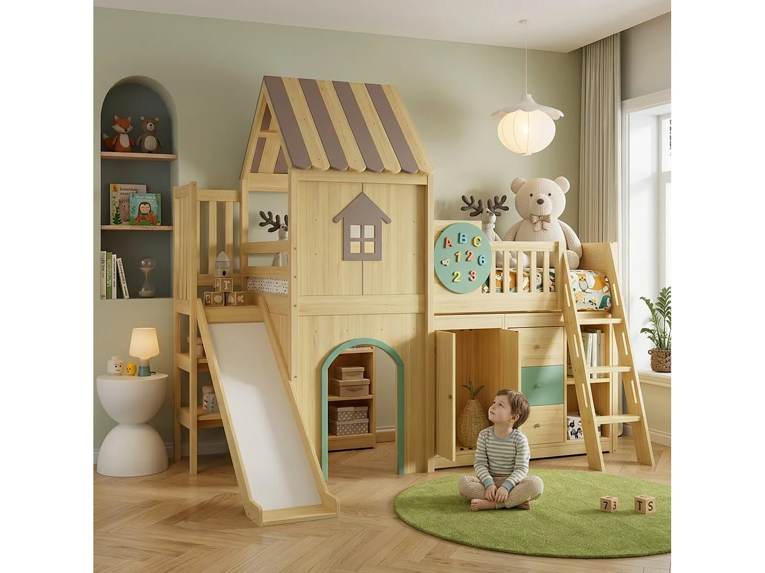Lit cabane 90x200 cm avec toboggan, armoire, tiroirs et rangements, en bois, naturel, sans matelas