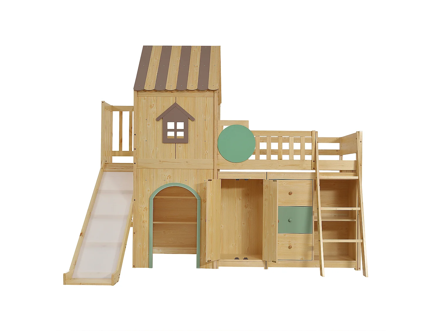 Lit cabane 90x200 cm avec toboggan, armoire, tiroirs et rangements, en bois, naturel, sans matelas