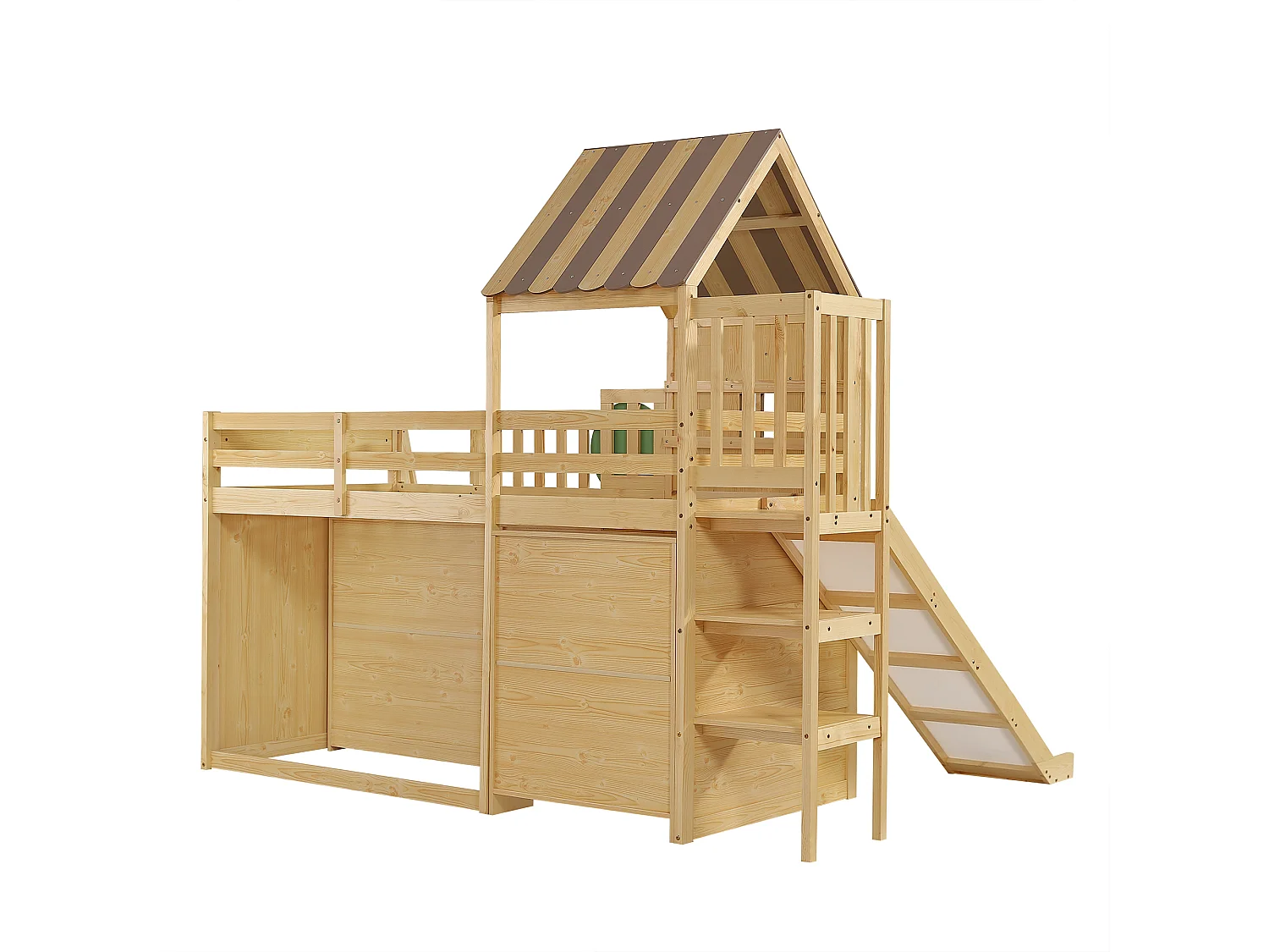 Lit cabane 90x200 cm avec toboggan, armoire, tiroirs et rangements, en bois, naturel, sans matelas