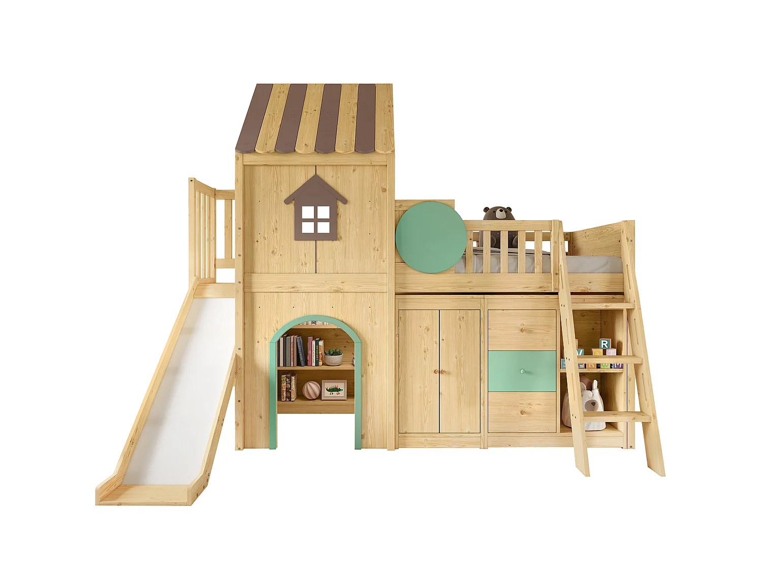 Lit cabane 90x200 cm avec toboggan, armoire, tiroirs et rangements, en bois, naturel, sans matelas