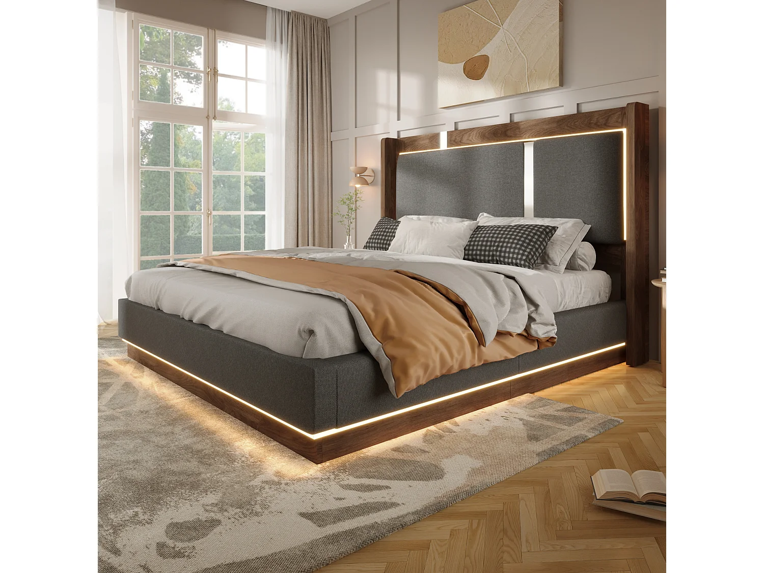 Lit coffre 180x200 cm avec LED et rangement, tête de lit, en lin, gris et noyer, sans matelas