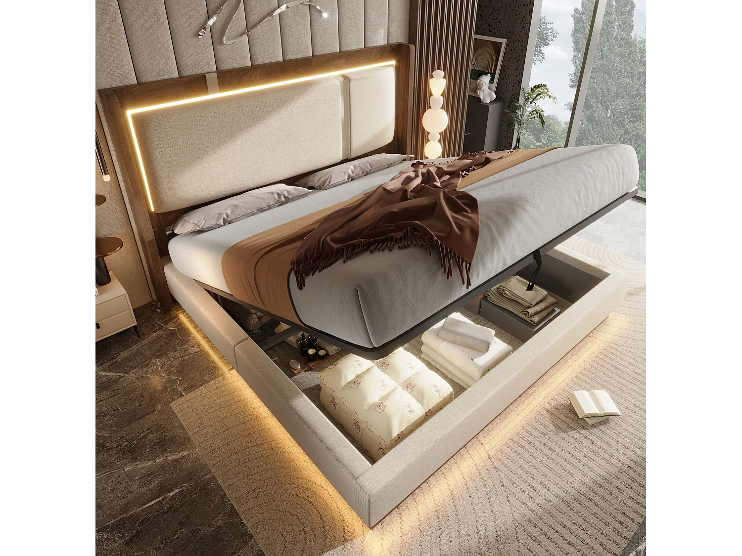 Lit coffre 140x190 cm avec LED et rangement, tête de lit rembourrée, en lin, beige et noyer, sans matelas