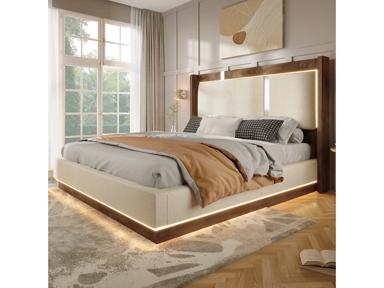 Lit coffre 140x190 cm avec LED et rangement, tête de lit rembourrée, en lin, beige et noyer, sans matelas