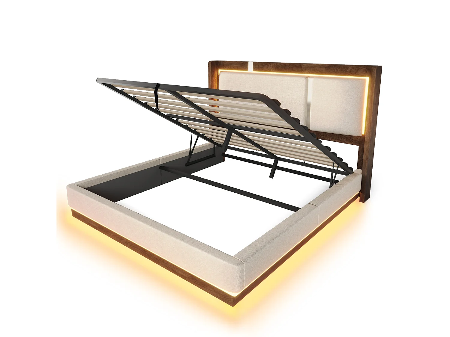 Lit coffre 140x190 cm avec LED et rangement, tête de lit rembourrée, en lin, beige et noyer, sans matelas