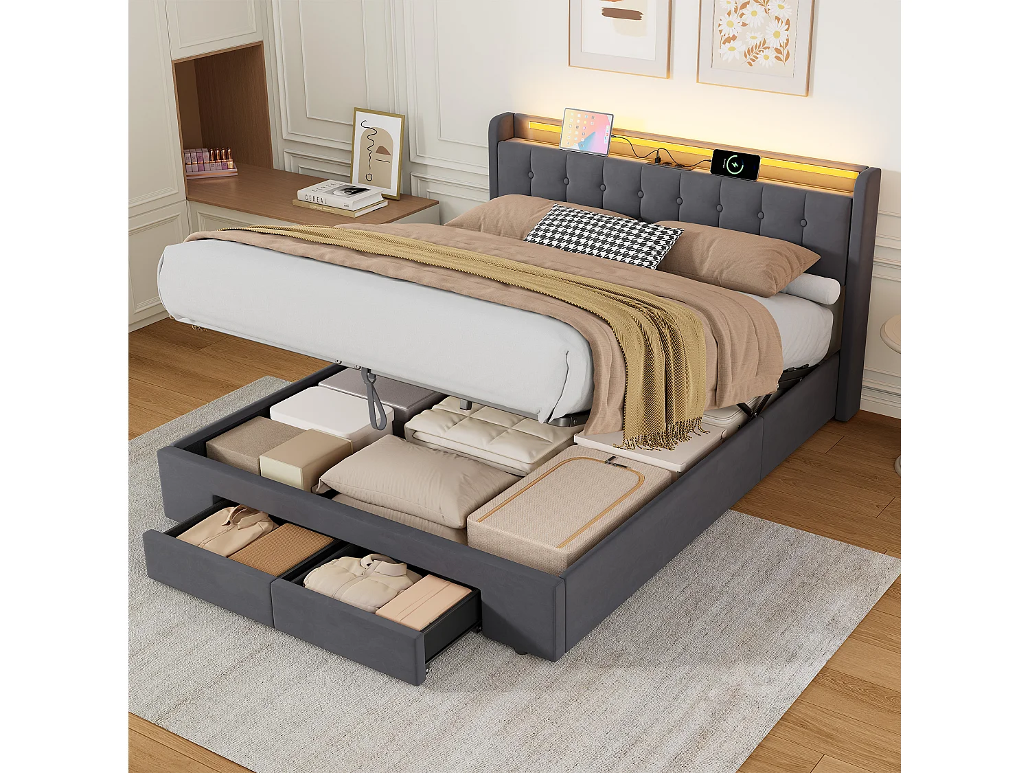 Lit coffre 160x200 cm avec LED, 2 tiroirs, port USB et tête de lit avec rangement, en velours, gris foncé, sans matelas