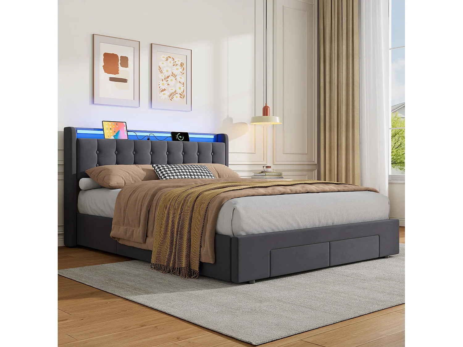 Lit coffre 160x200 cm avec LED, 2 tiroirs, port USB et tête de lit avec rangement, en velours, gris foncé, sans matelas