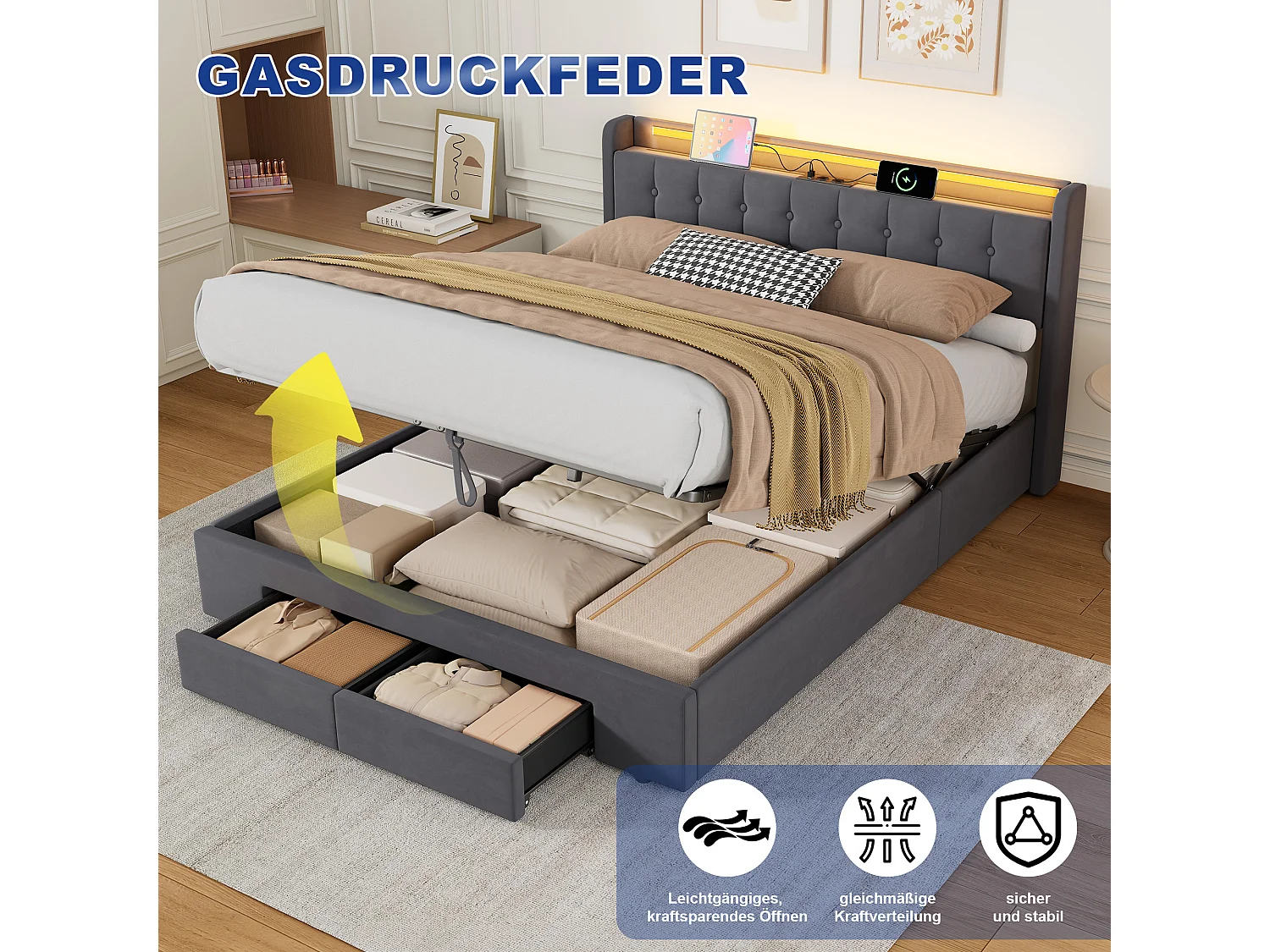 Lit coffre 160x200 cm avec LED, 2 tiroirs, port USB et tête de lit avec rangement, en velours, gris foncé, sans matelas