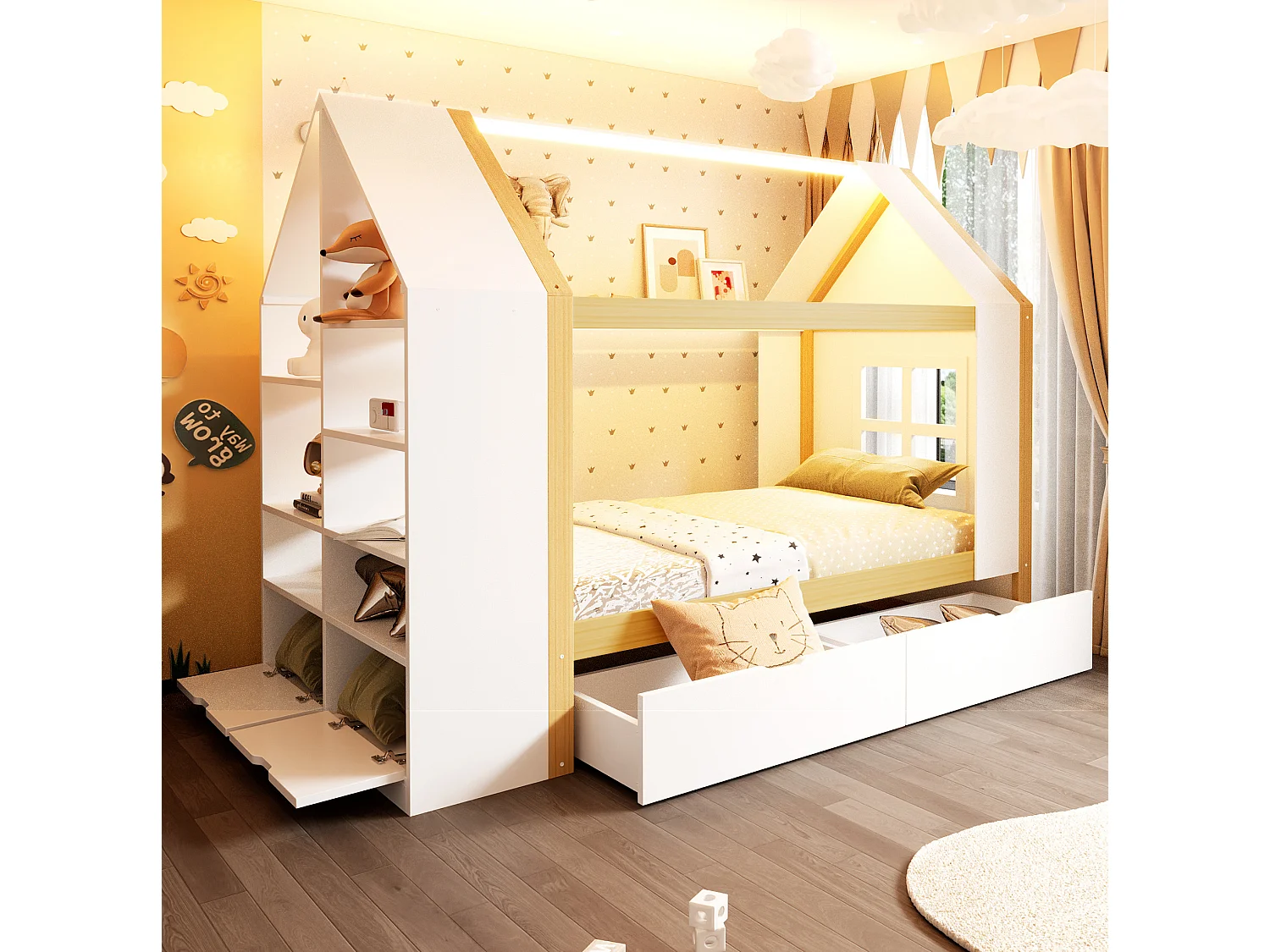 Lit cabane 90x200 cm avec 2 tiroirs, LED et rangements, en bois, blanc et naturel, sans matelas