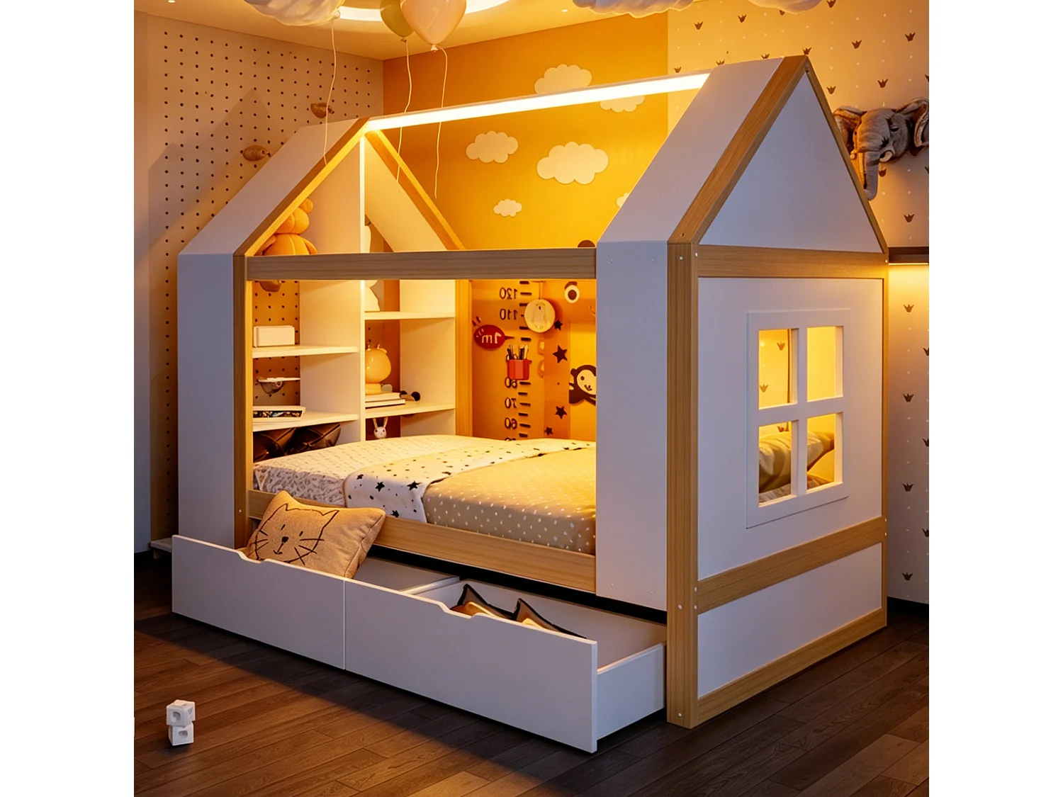 Lit cabane 90x200 cm avec 2 tiroirs, LED et rangements, en bois, blanc et naturel, sans matelas