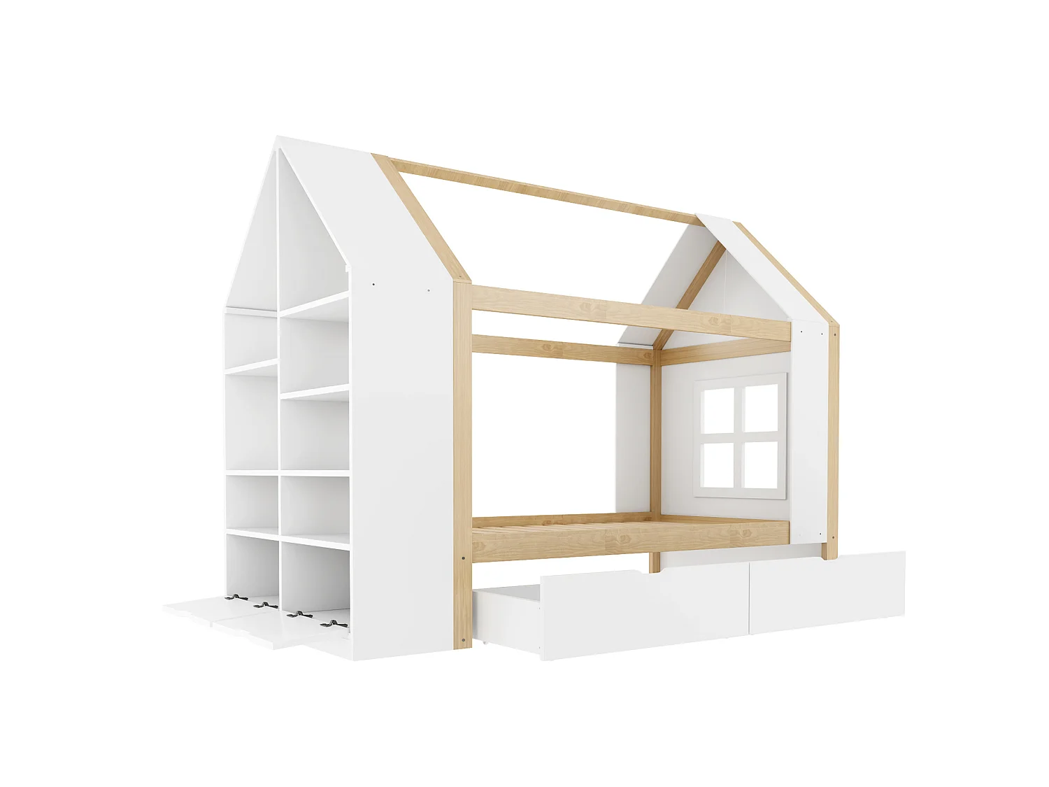 Lit cabane 90x200 cm avec 2 tiroirs, LED et rangements, en bois, blanc et naturel, sans matelas
