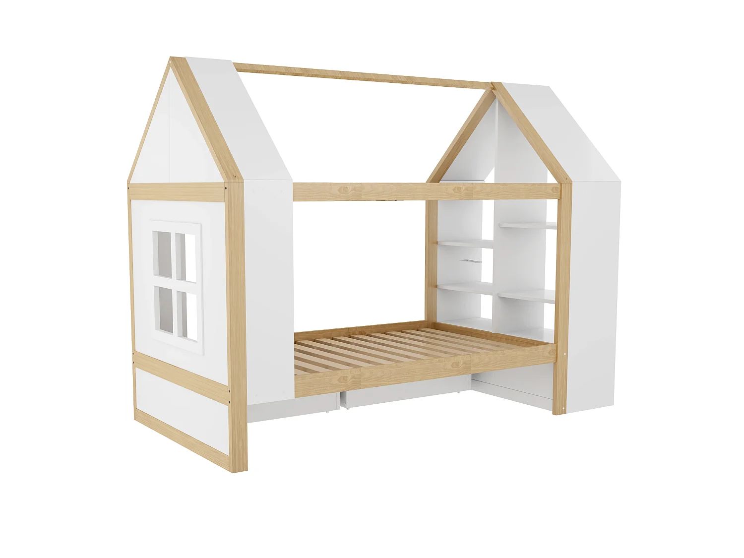 Lit cabane 90x200 cm avec 2 tiroirs, LED et rangements, en bois, blanc et naturel, sans matelas